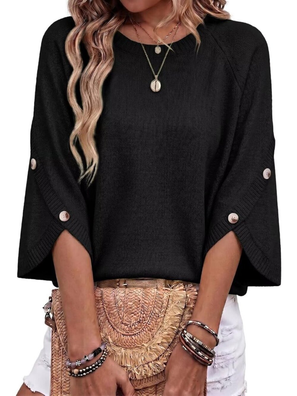 Chic Oversized Women's 3/4 Sleeve Button Crewneck Sweater